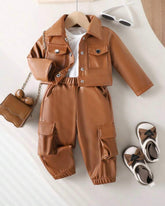 Baby Girl 3-Piece Brown & White Grunge Outfit Set – Graphic Jacket, Top & Pants