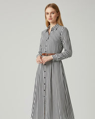 Women's Striped Woven Fabric Long Sleeve Midi Dress Casual Flared Hem Shirt Dress