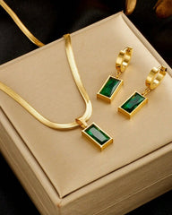 Set Of Square Premium Quality Green Crystal Cubic Zirconia Necklace & Earrings