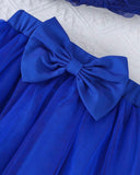 Girls Royal Blue Floral Embroidery Top & Tulle Skirt 2-Piece Set