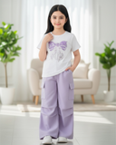 Tween Girls Purple Bow Embroidery White T-Shirt & Cargo Pants Set