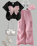 Girls Bow Pink Embroidery Black T-Shirt & Cargo Pants Set