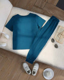 Blue Color-Block Short Sleeve T-Shirt And Pants Suit Summer