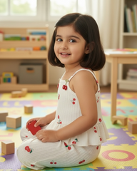 2Pcs Baby Girls Printed Embroidered Cherry Top & Pants Set – Summer Outfit