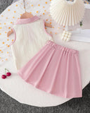 Cherry Patch Beige Polo Collar Top & Pink Skirt Set