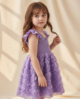 Floral Patchwork Summer Dress – Purple Colour Faux Shirred Cap Sleeve Dress