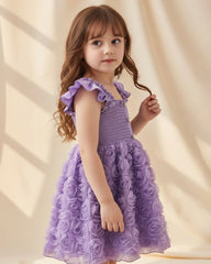 Floral Patchwork Summer Dress – Purple Colour Faux Shirred Cap Sleeve Dress