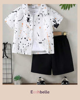Boy Casual Summer Set: Splash-Ink Print Short Sleeve Polo Shirt + Black Shorts