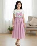 Girls Pink Bowknot Short Sleeve T-Shirt & Striped Maxi Skirt Set