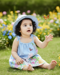 Baby Girl Blue Floral Suspender Dress with Bow – Summer Elegant Outfit