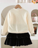 Girls Bow Decor Round Neck Long Sleeve Apricot Cardigan And Skirt