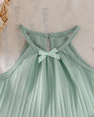 2pcs Baby Girls' Green colour Spaghetti Strap Camisole Top With 3D Bow Decor Straight Leg Pants Set