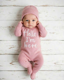 2Pcs Set Hello I'm Here Embroidery Newborn Photography Outfits (4 Colours)