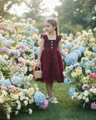Floral Patchwork Summer Dress – Burgundy Colour Faux Shirred Cap Sleeve Dress