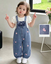 Girls Pink And White Heart Embroidered Denim Jumpsuit