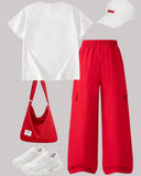 Tween Girls Red Bow Embroidered Shirt and Cargo Pants Set