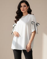 Women White and Black Bow Decor Casual T-Shirt