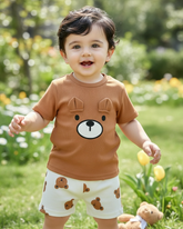 Baby Boy Brown Teddy Bear Ribbed Summer Set