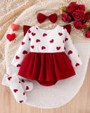 Baby Girl 3D Red Heart Flutter Sleeve Denim Overall Bodysuit + Bow Ruffle Socks