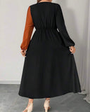 Women's Colorblock Round Neck Lantern Sleeve Pleated Hem Elegant Dress