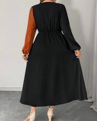 Women's Colorblock Round Neck Lantern Sleeve Pleated Hem Elegant Dress