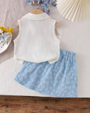 Girls Light Blue Floral Outfit Set – Sleeveless Polo Shirt & Pleated Skirt