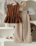 Brown Korean Style Pleated Top & Striped Wide Leg Pants Set