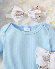 3pcs Baby Girls Sky Blue Ribbed Romper & Ruffled Overall Dress Set with Bow Headband