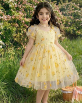 Lemon Puff Sleeve Formal Party Tulle Dress with Cinched Waist