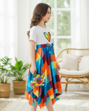 Tween Girl Heart Printed Patchwork Plaid Hem Dress