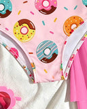 Girls Donuts Print One-Piece Swimsuit With Pink Skirt