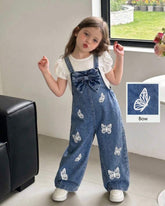 Girls Vintage Blue Denim Jumpsuit with 3D Bow & Butterfly Embroidery