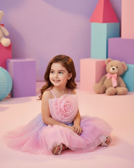 Pink Floral Patchwork Star Mesh Strap Dress – Girls