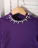 Tween Girl 2Pcs Outfit – Dark Purple Faux Pearl Top & Floral Ruffle Skirt Set