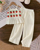 Girls 2PCS Strawberry Crochet Lace Camisole & Wide-Leg Pants Set