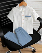 Boys 2pcs White Vertical Striped Short Sleeve Shirt & Blue Pants