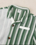 2pcs Boys Casual Green Striped Outfit Set – Short Sleeve Shirt & Matching Bottoms
