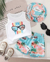 3-Piece Baby Boy Summer Time Print Tank Top, Palm Tree Shorts & Hat