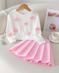 Girls 2PCS Floral 3D Pink Knitted Sweater & Pleated Skirt Set – European Style