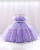 Purple Color Bow Decor Tulle Elegant Dress
