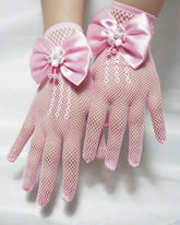 1 Pair Children's Pink Lace Hollow Bow Princess Gloves