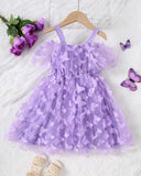 Girls’ Off-Shoulder Purple Butterfly Applique Mesh Dress