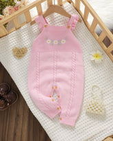 Baby Girl Pink Embroidered Floral Decor Knitted Strap Jumpsuit