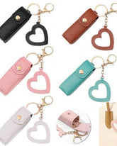 Leather Portable Mini Lipstick Case With Mirror & Keychain
