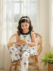 Girls’ Bow Print Black and White Halter Top & Wide-Leg Pants Set
