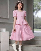 Girls’ Pink Square Collar Puff Sleeve Top & Pleated Skirt Set