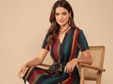 Summer Vacation Outfits Striped Print Belted Dress