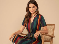 Summer Vacation Outfits Striped Print Belted Dress