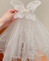 1pc Girls Fairy-Style White Pearl Puff Tulle Bow Ribbon Hair Clip