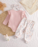 3pcs New Born Pink Girls Ribbed Romper, Pants and Headband